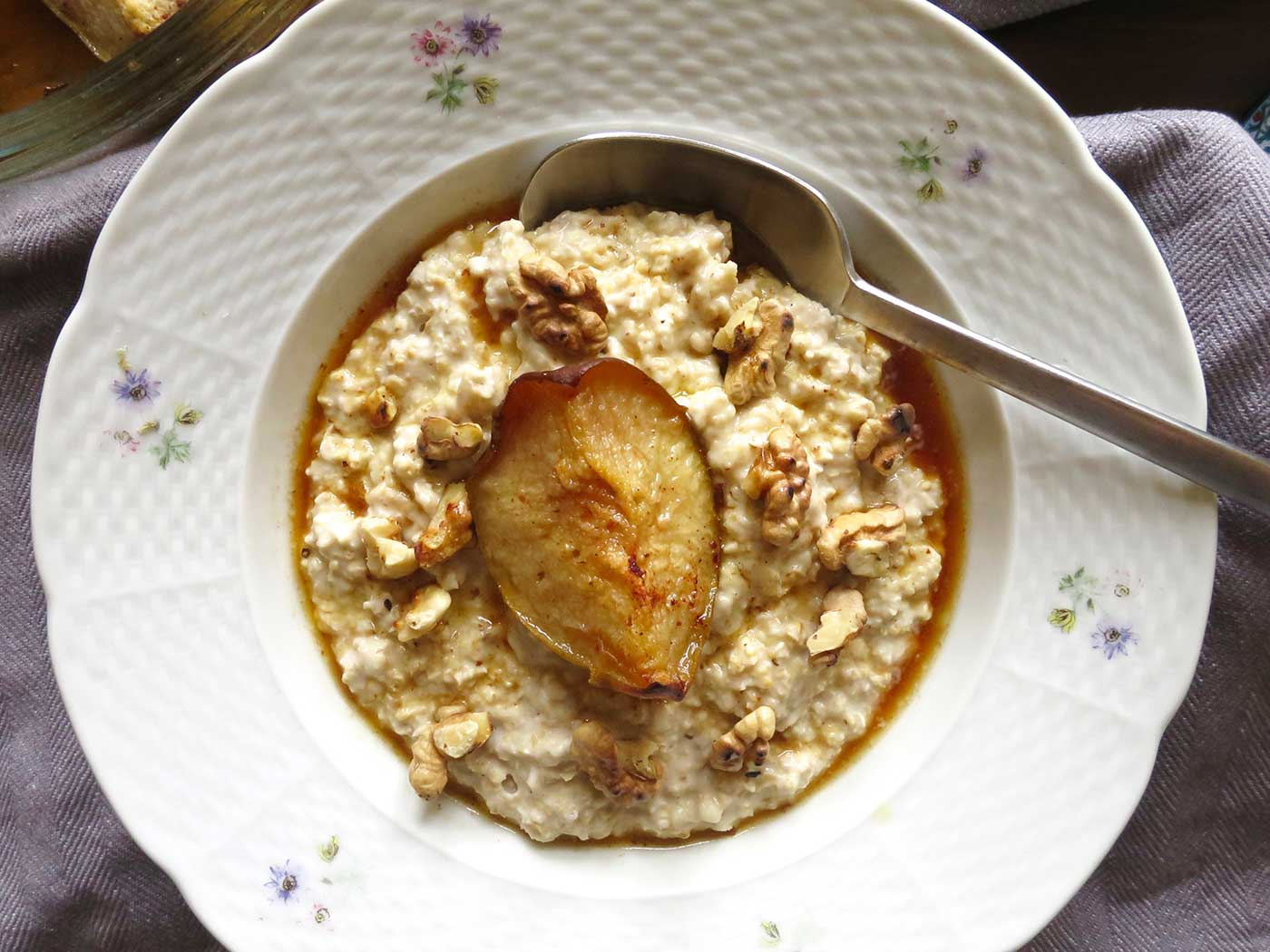 VANILLA BEAN PORRIDGE WITH MAPLE ROASTED PEAR - What Sarah Bakes