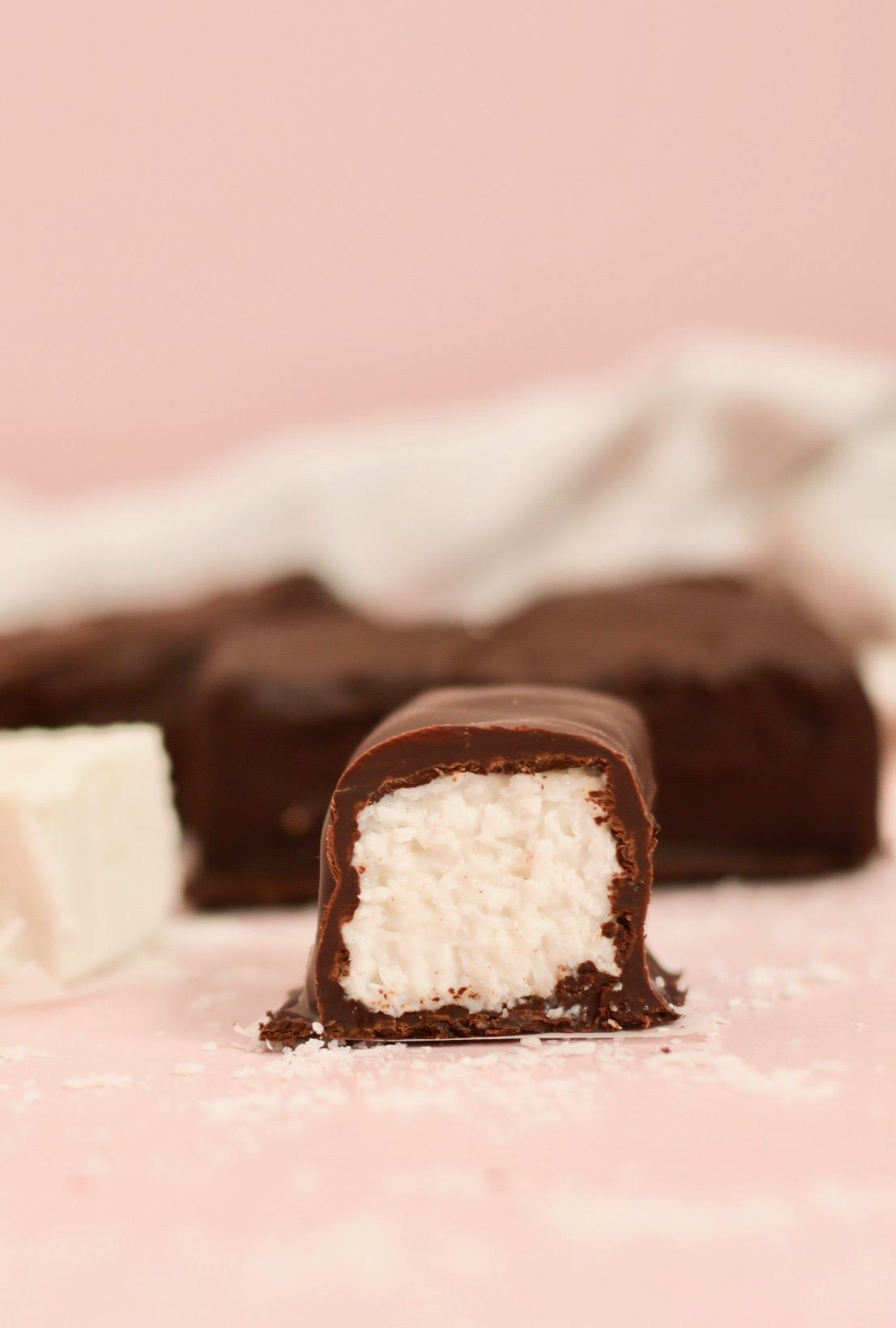 homemade chocolate bounty bars cut in half