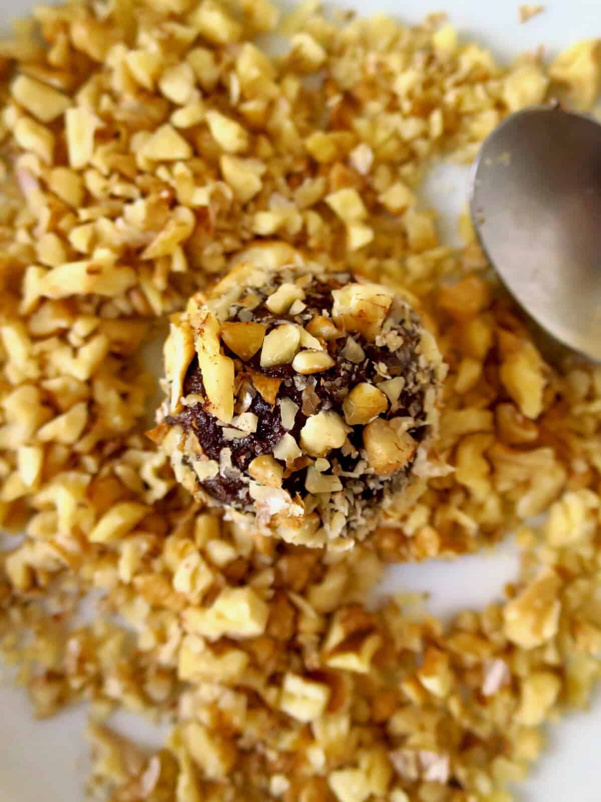 Close up of chocolate cake ball coated in chopped nuts