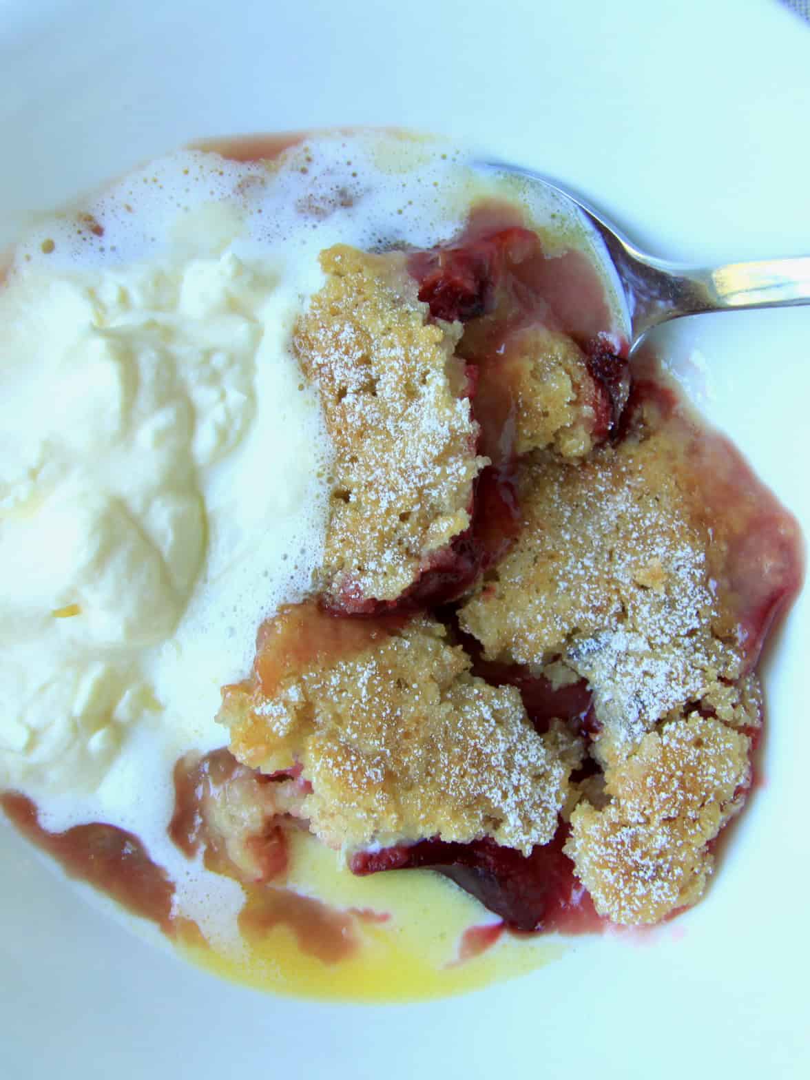 plum self saucing pudding served in a bowl with ice cream