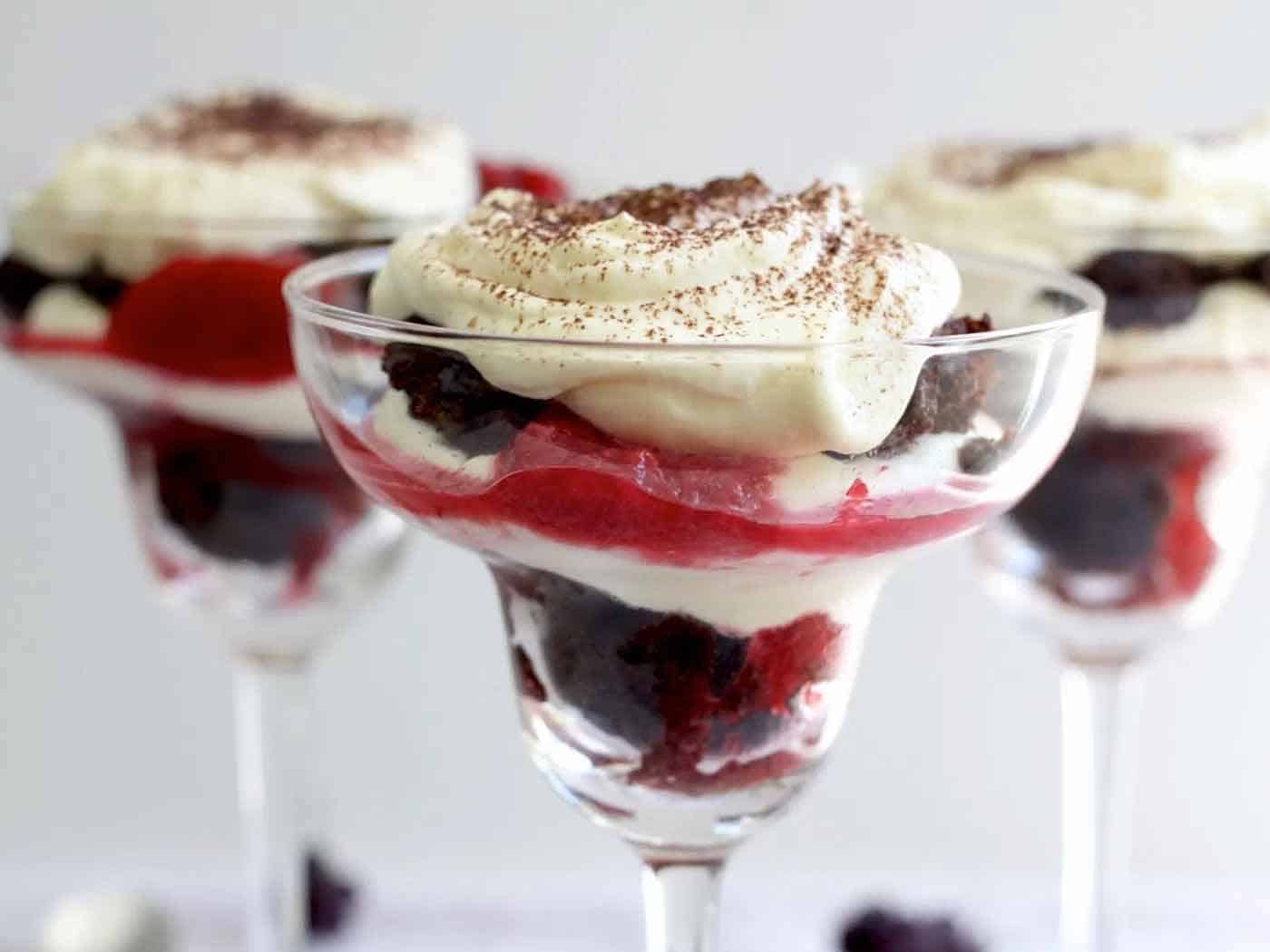 Chocolate berry trifles made with sunken cake