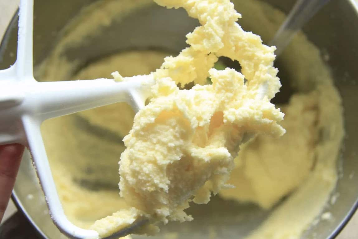 Creamed butter and sugar in cake mixer