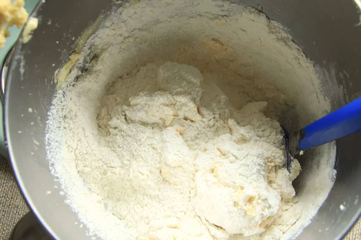 Flour added to creamed butter and sugar.