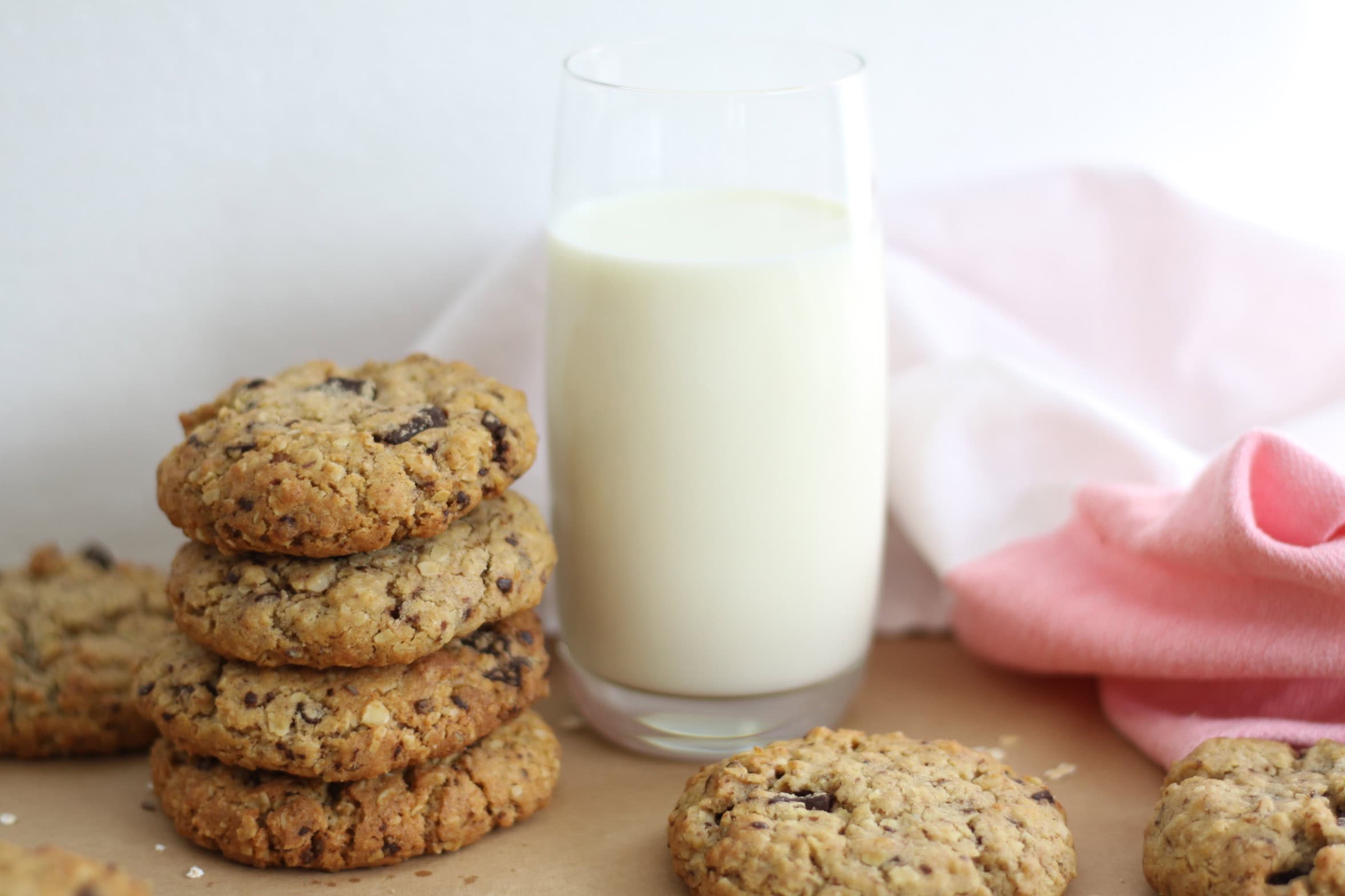 Stack of lactation cookies with a glass of milk