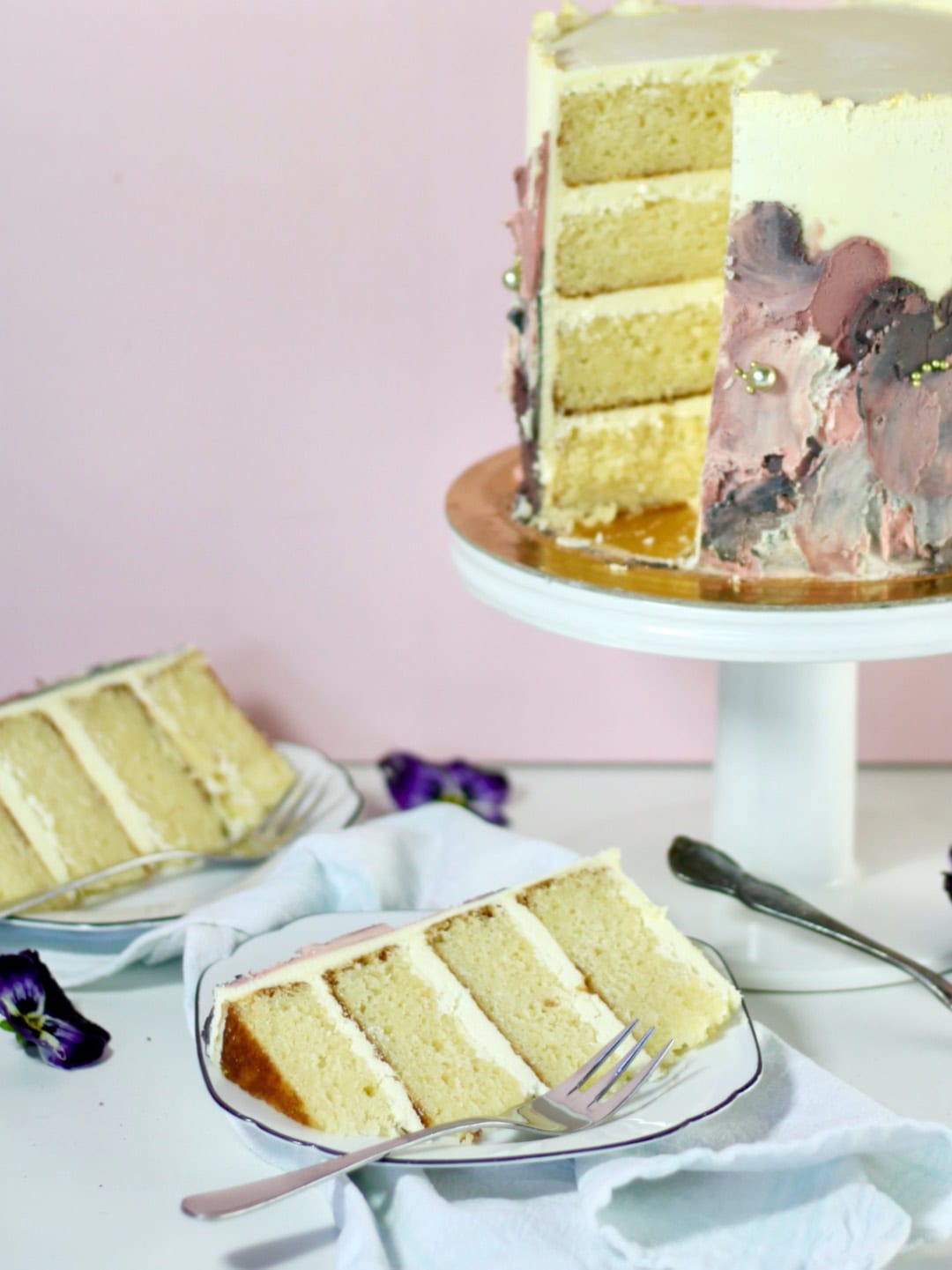 Gluten free cake cut into slices and plated