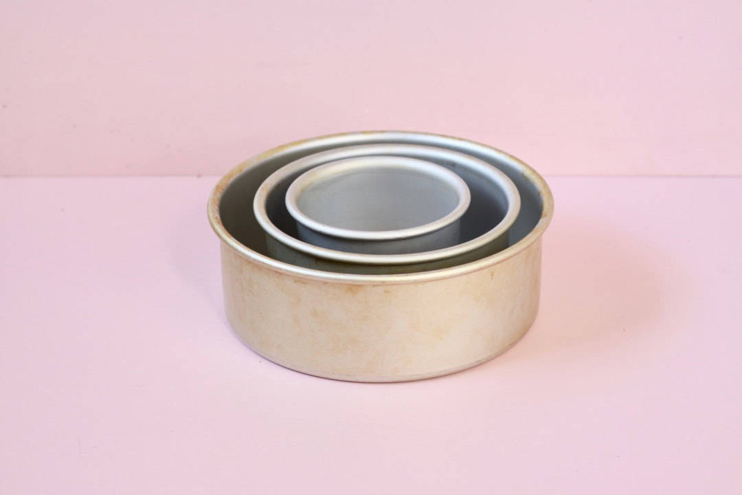 Three Fat Daddio cake pans stacked inside each other