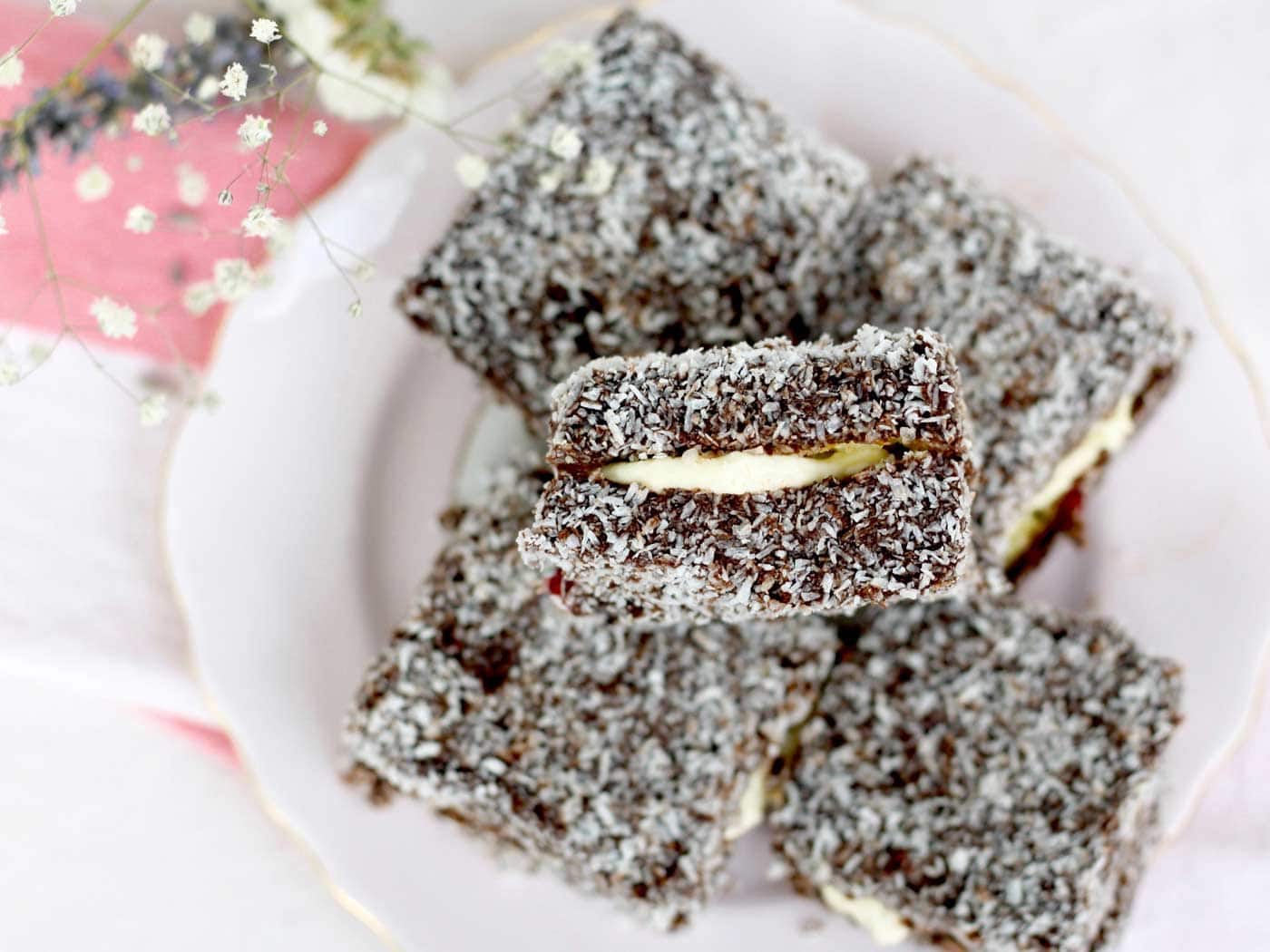 chocolate Dutch cocoa lamingtons on a plate