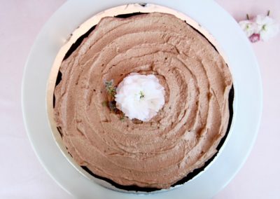 Top view of a chocolate iced layer cake