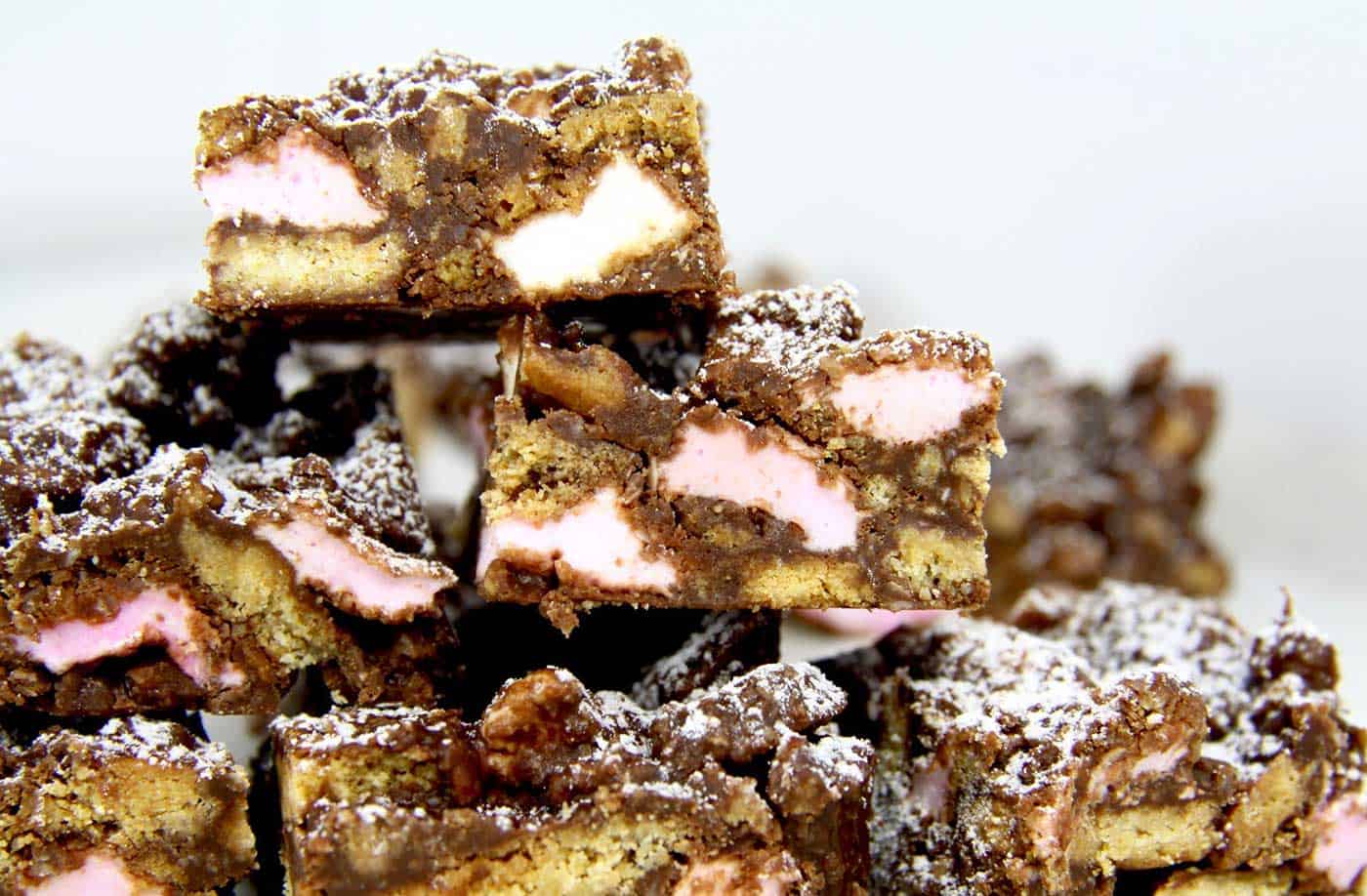 Pieces of rocky road stacked.