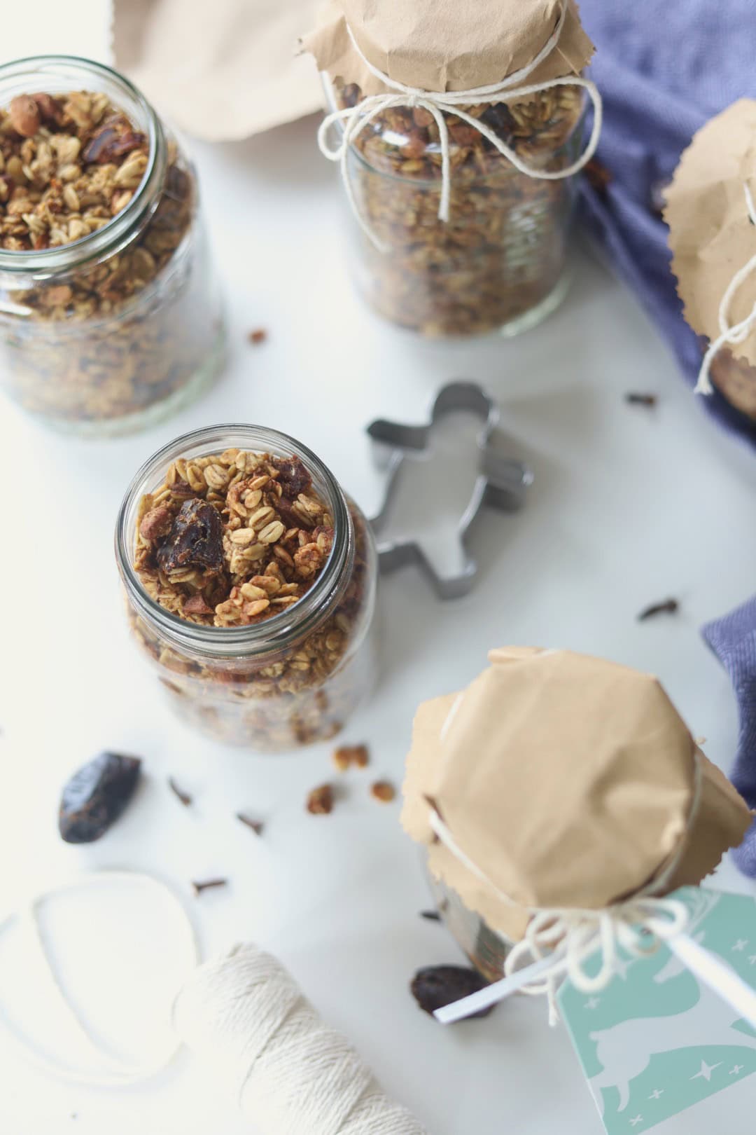 Birds eye view of gingerbread granola in jars