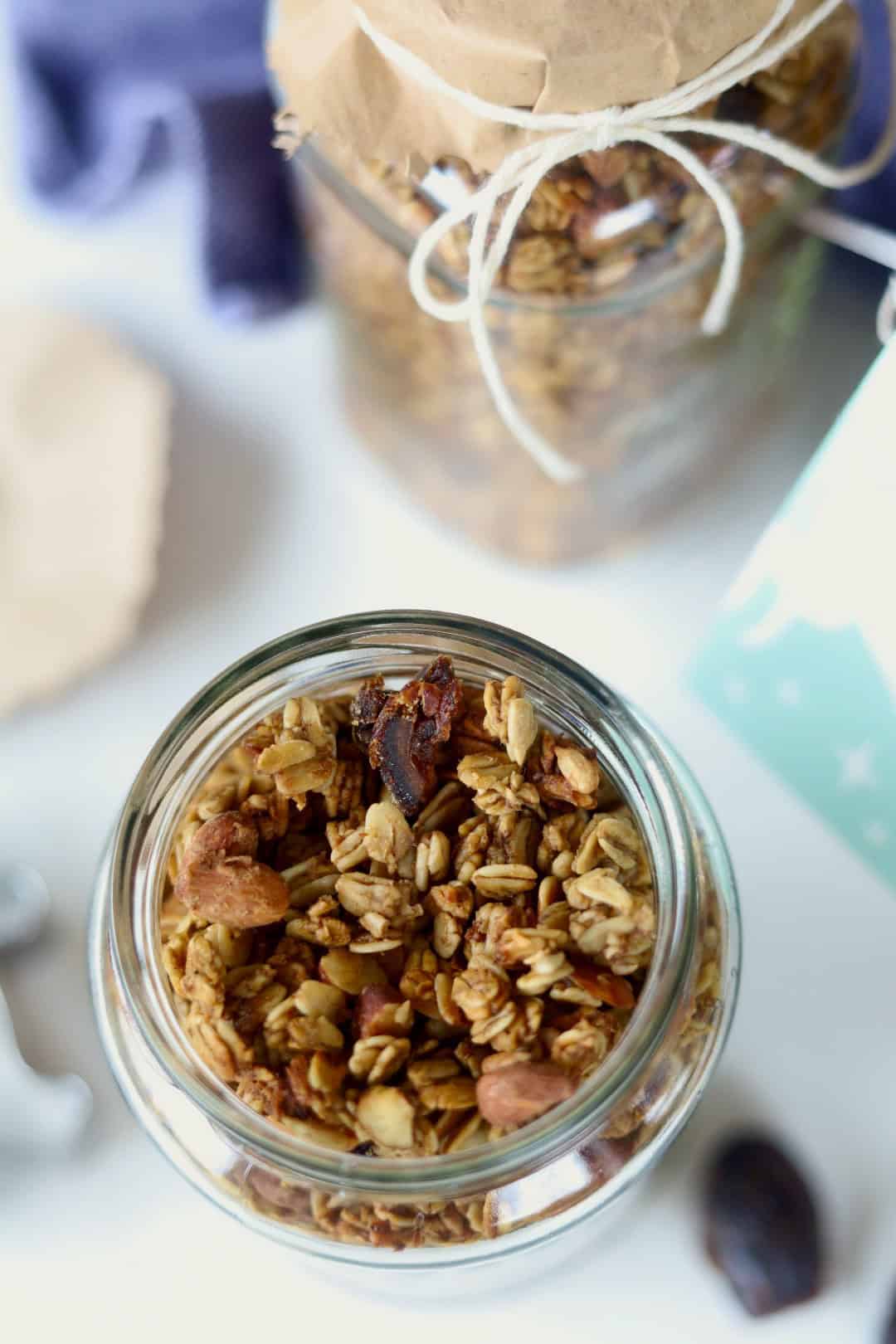 Birds eye view of granola in a jar