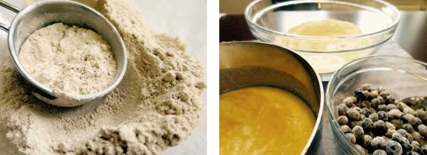 Muffin ingredients in separate bowls