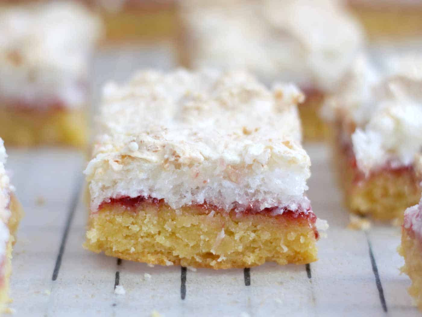 Close up of Louise cake slice on a cooling rack