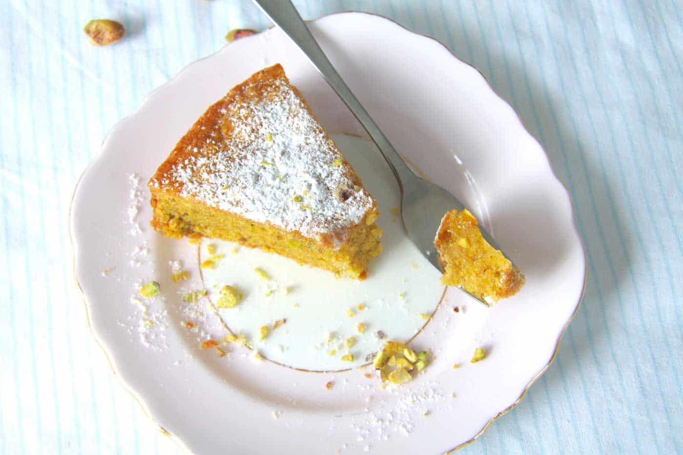 Top view of a slice of Pistachio cake.