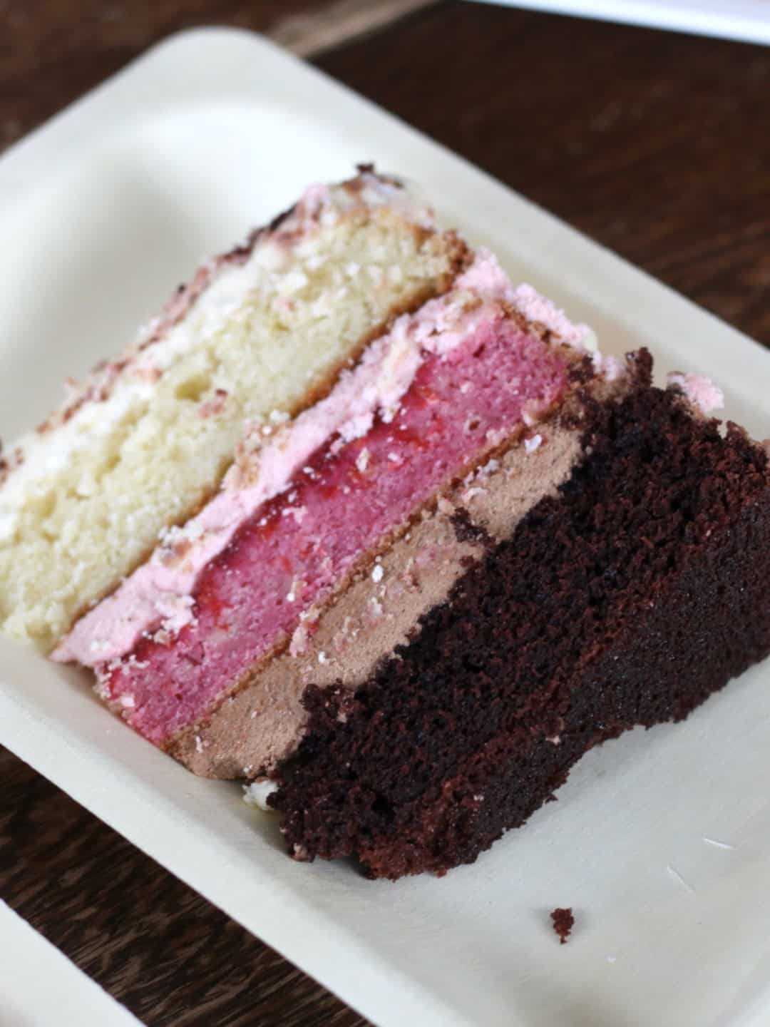 A slice of Neapolitan cake