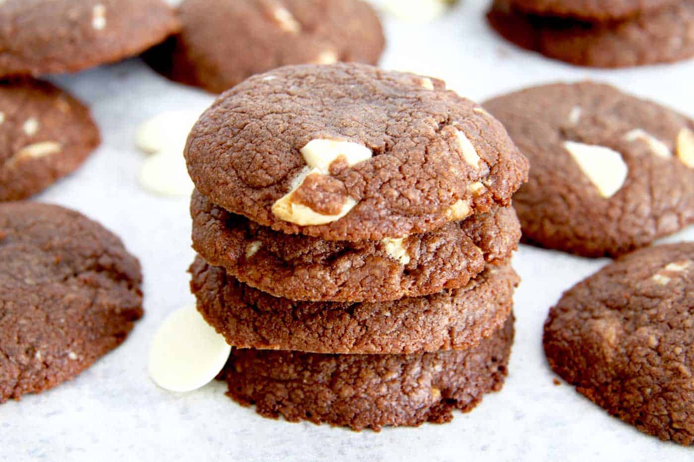A stack of mouthwatering Nutella cookies with white chocolate chunks.
