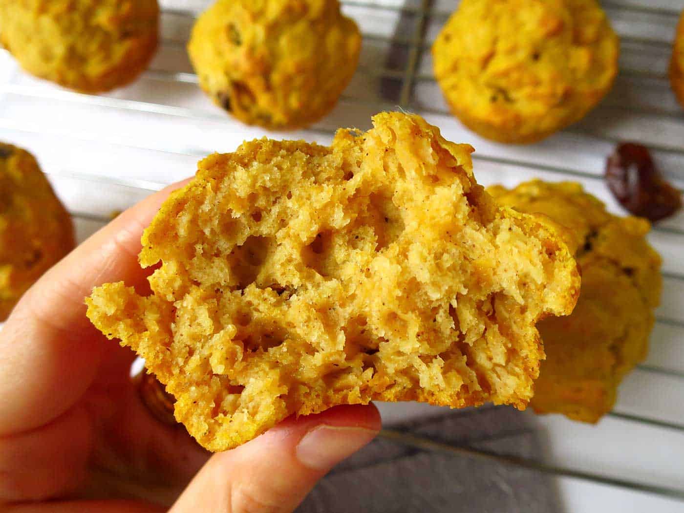 A fluffy pumpkin muffin cut in half held by someone over the top of the remaining batch up muffins.