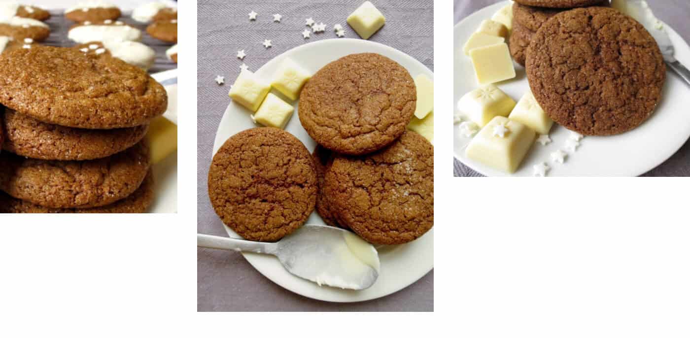 Ginger cookies pre frosting on a plate next to chunks of white chocolate pieces.