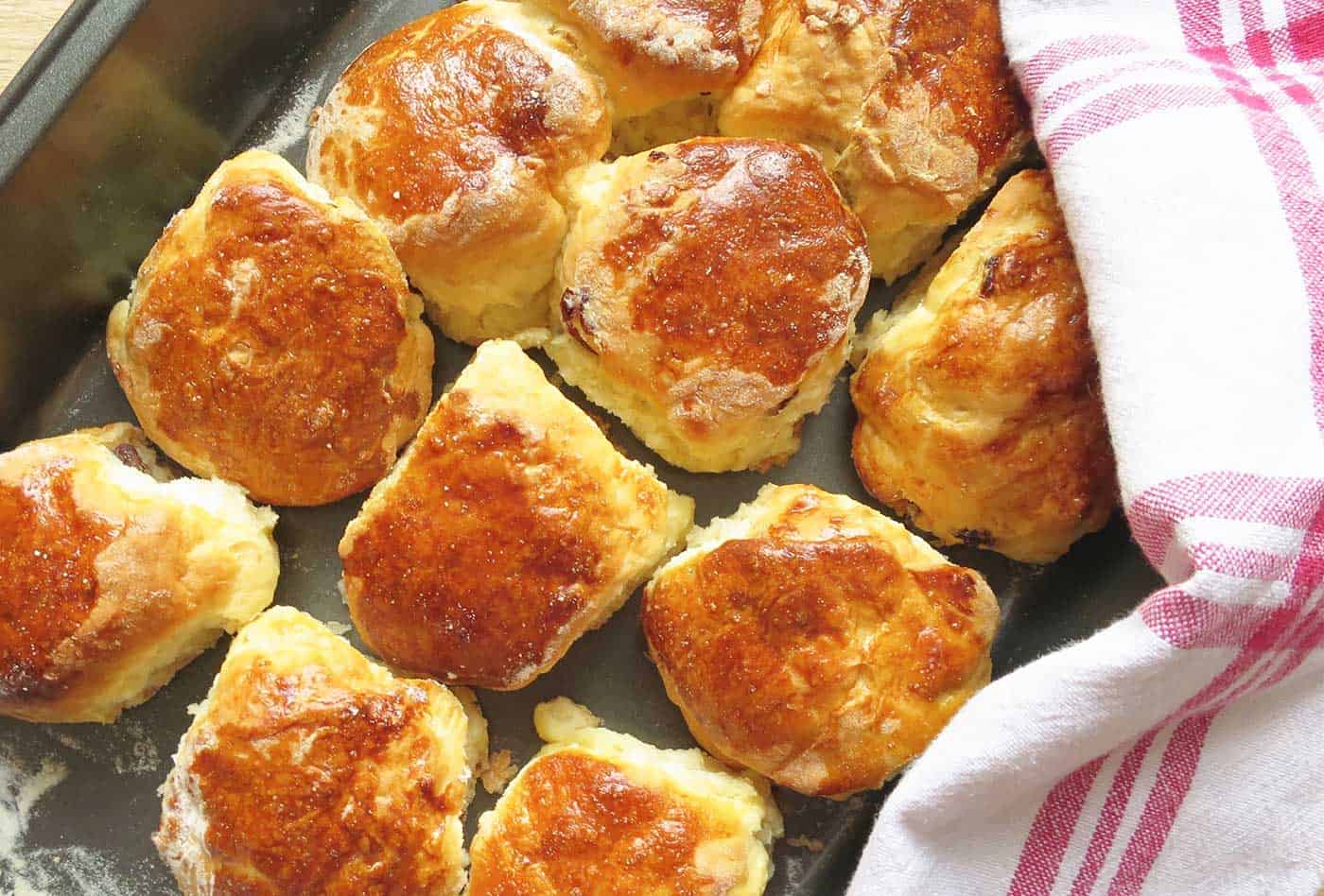 A batch up scones in baking tray with tea towel on the side.