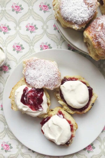 Perfect lemonade scones on a plate. Two have been cut and presented as both Devonshire (jam on top of cream) and Cornish style (cream on top of jam).