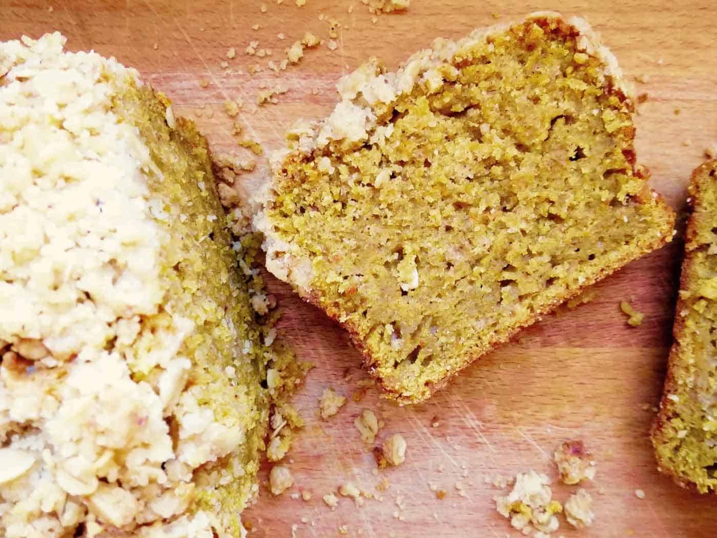 Birds eye view of a slice of pumpkin bread.