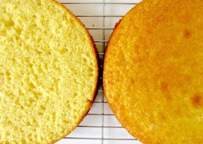 Two layers of vanilla cake. One layer has been levelled.