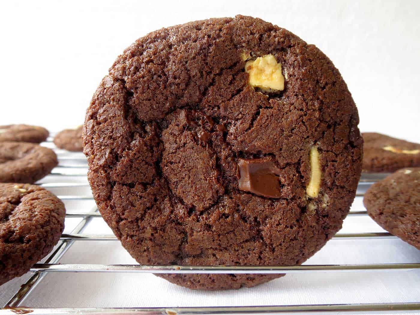 Close up of a triple chunk chocolate cookie.