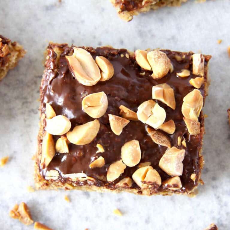 Top view of a peanut butter bar. It has glossy chocolate icing on it and is topped with chopped peanuts.