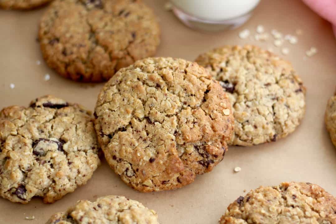 Close up of a few chocolate chunk lactation cookies.