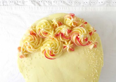 A top view of the fully decorated vanilla cake. It has pink and white piped rosettes.