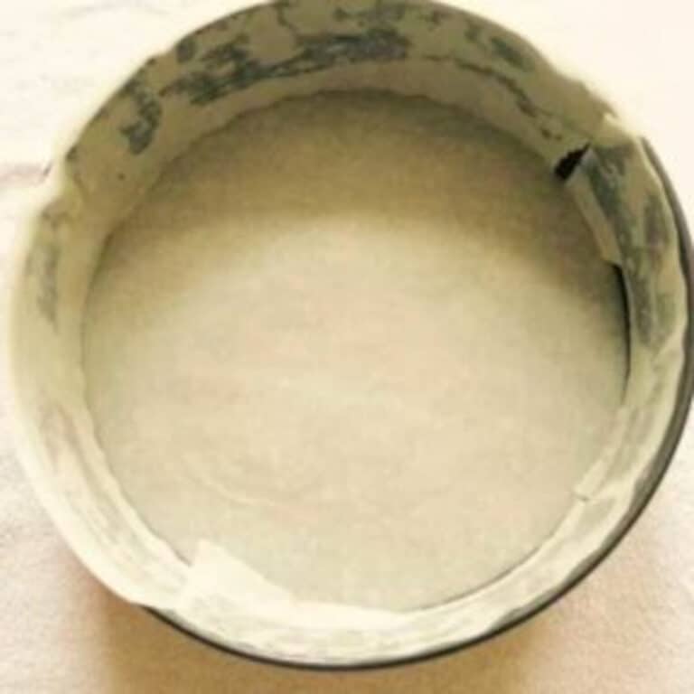 A springform tin lined perfectly with baking paper strips and circle piece.