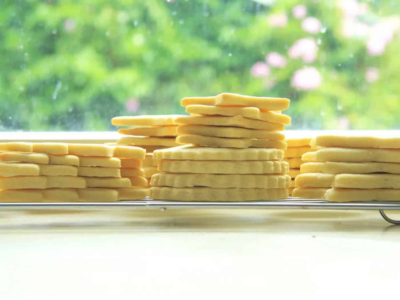 Side view of stacked sugar cookies with garden view in the background.