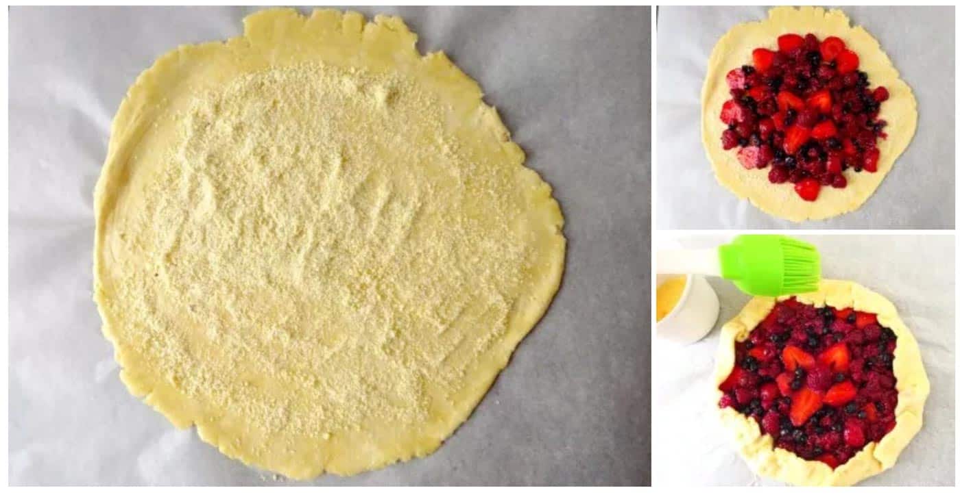 Three images of the process of how to assemble a berry galette. The first is a image is a pastry rolled into a circle, sprinkled with semolina. The second is fresh berries on top. The third is the edges pulled up to contain the berry filling and an egg wash being applied with a pastry brush.