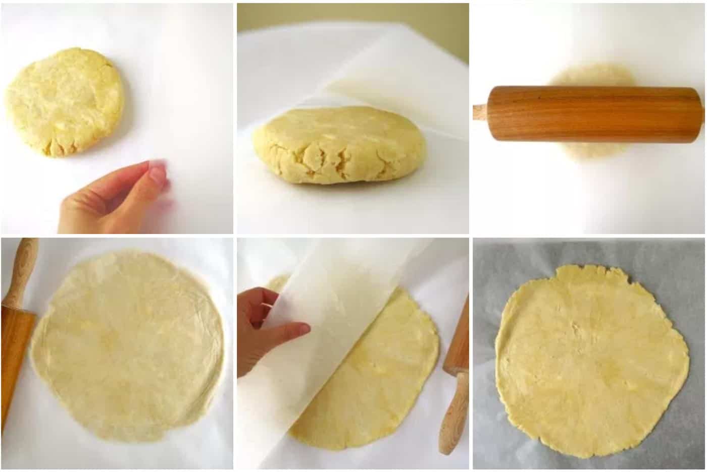 6 images of how to roll our pastry dough. Two layers of baking paper are used with the pastry in between the layers to roll the cold pastry in to a circle without stickign to the rolling pin.
