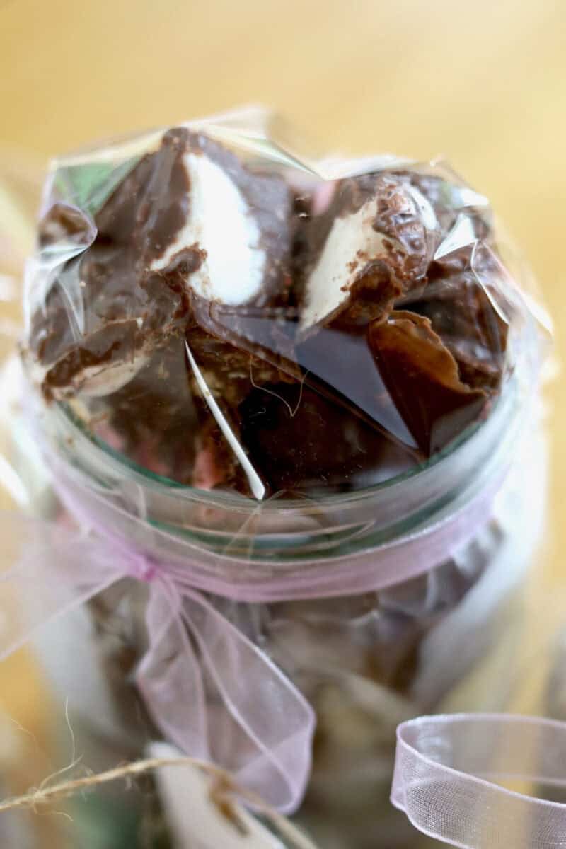 Best ever rocky road jam-packed into a glass gift jar packaged with cellophane and ribbon.