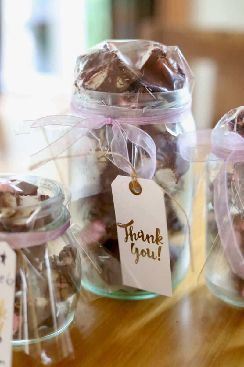 Best ever rocky road jam-packed into a glass gift jars packaged with cellophane , ribbon and a gift tag.