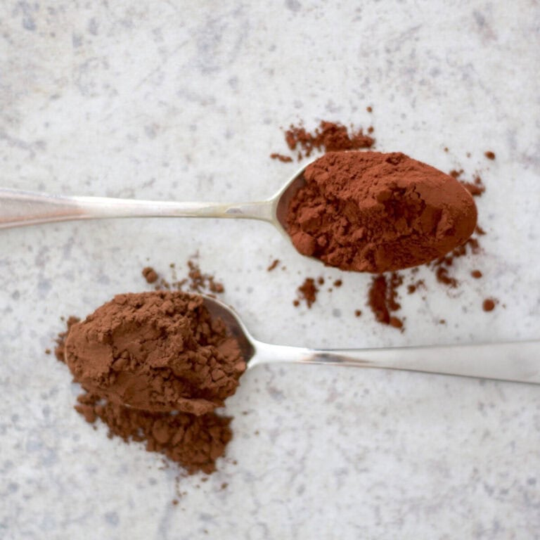 Natural and Dutch cocoa powder on spoons side by side