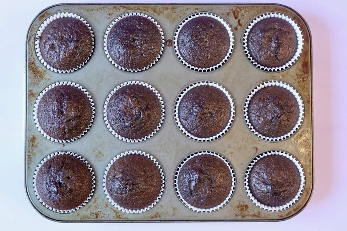 Baked chocolate cupcakes in cupcake pan