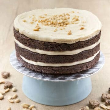 Chocolate layer cake filled with peanut butter frosting, iced naked style.