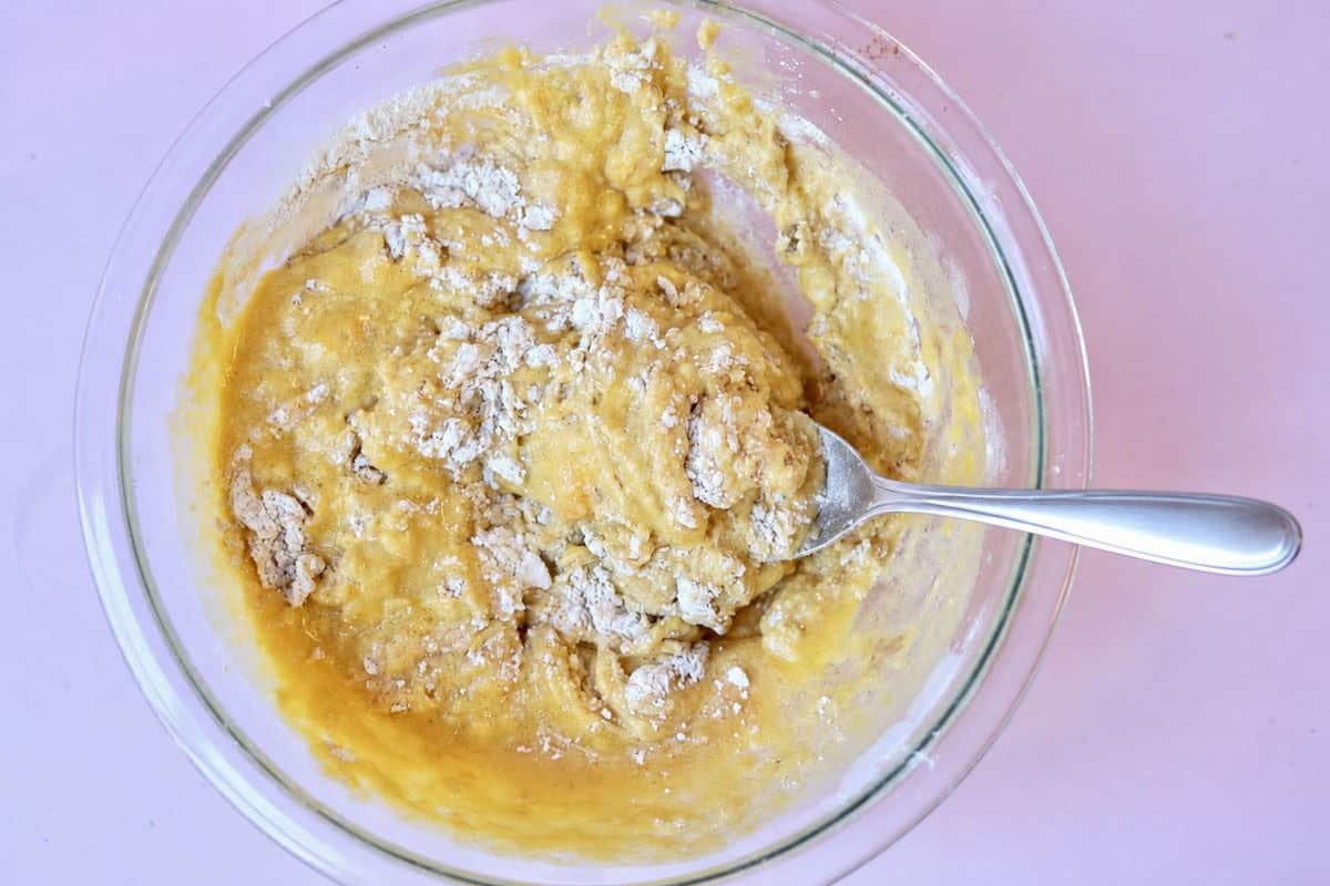 Muffin batter which has been partially mixed using the folding technique.