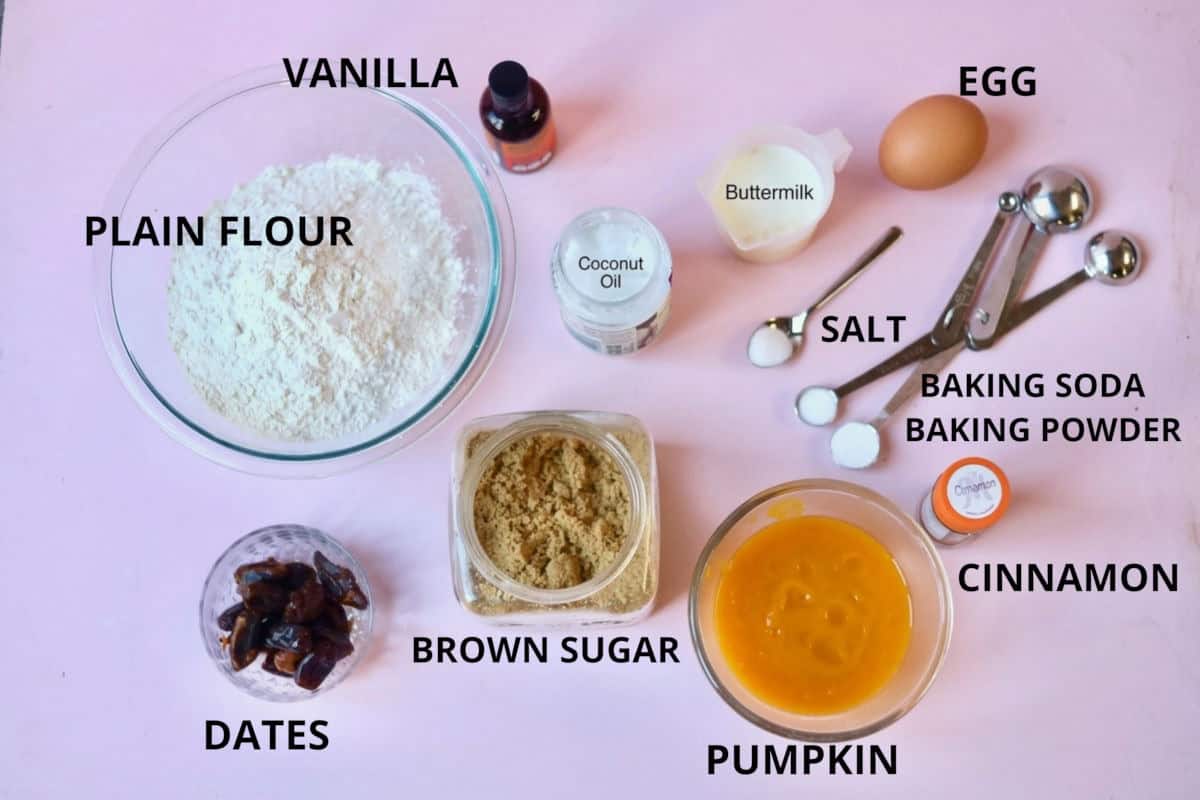 Flat lay of ingredients for pumpkin date muffins.